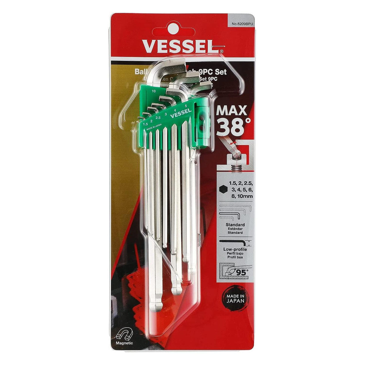 Vessel Tools 8209BPU Ball Point Hex LKey Wrench Stubby 9 Piece Set