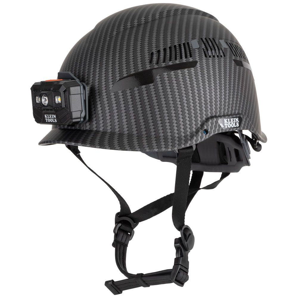 bike helmet with closable vents Klein Tools 60517 Safety Helmet, Premium KARBN Pattern, Vented, Class C, Headlamp