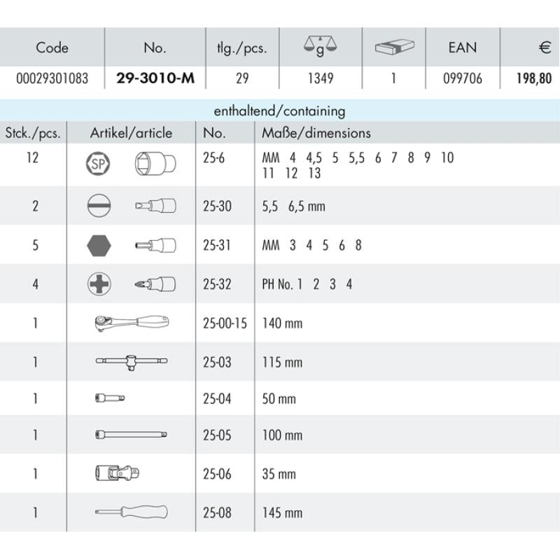 Heyco 00029301083 Socket Set 1/4 Inch Drive, 29 Pieces