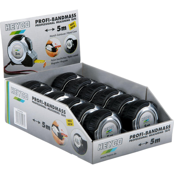 Heyco 01840051200 Measuring Tape Length-5mm Stainless Steel Case Nylon Coated, Display Case with Tape Measures