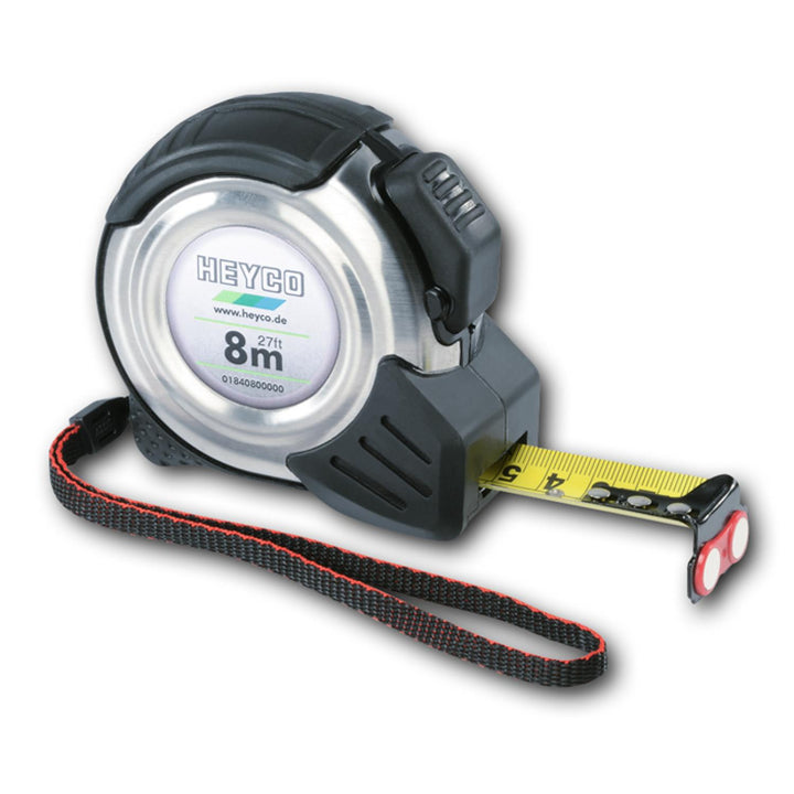 Heyco 01840081200 Measuring Tape 8 m, Stainless Steel Case With Nylon Coated, Display Case and 12 Tape Measures