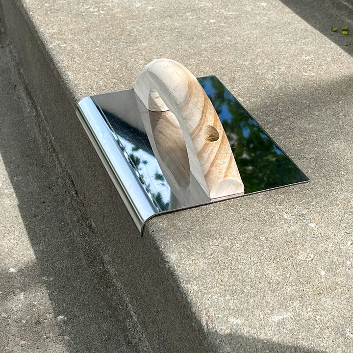 Kraft Tool CF903 10" x 6" 5/8"R Stainless Steel Hand Edger with Wood Float Handle