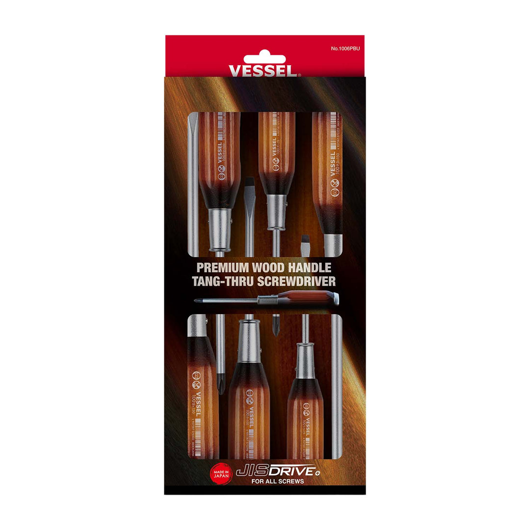 Vessel Tools 1006PBU Premium Wood Handle Tang-Thru Screwdriver Set, 6 Pc.