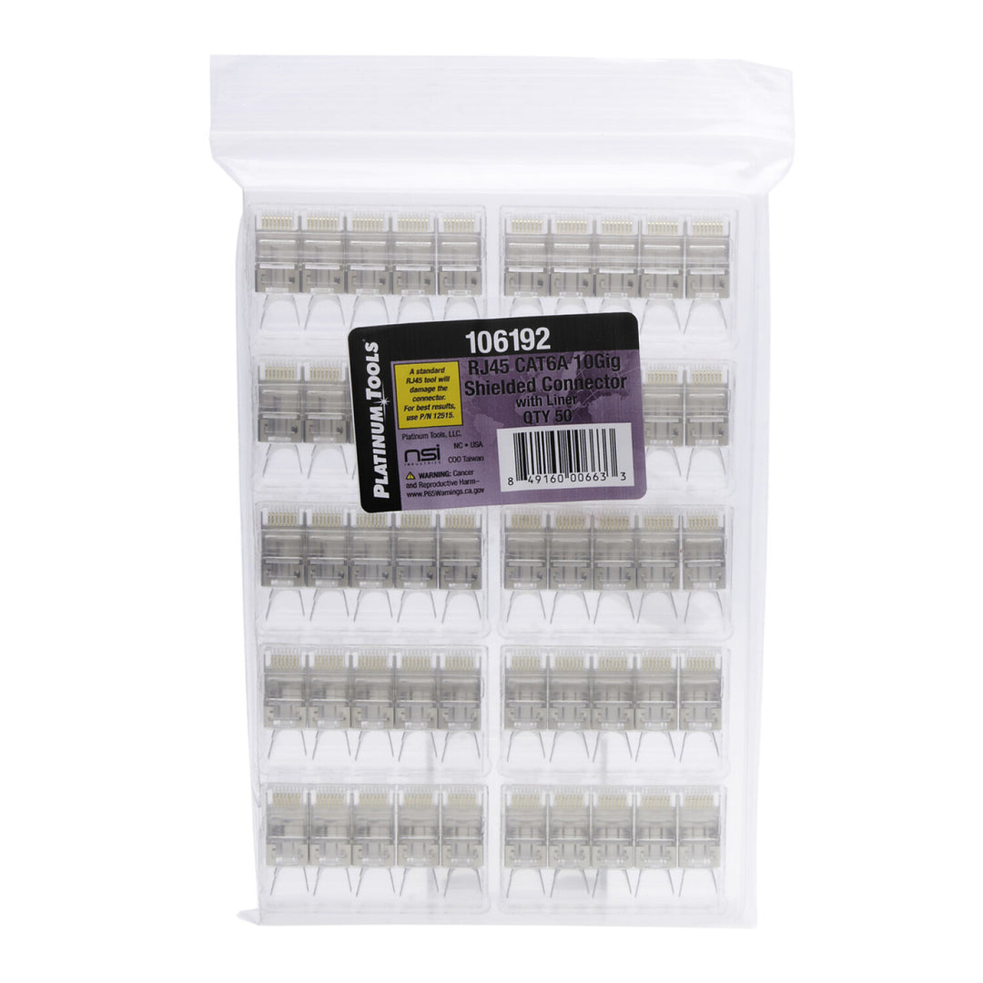 Platinum Tools 106192 10G RJ45 CAT6A Modular Plug, 8P8C, Shielded with External Ground, Round Solid Cable — 50pcs in Bulk Bag