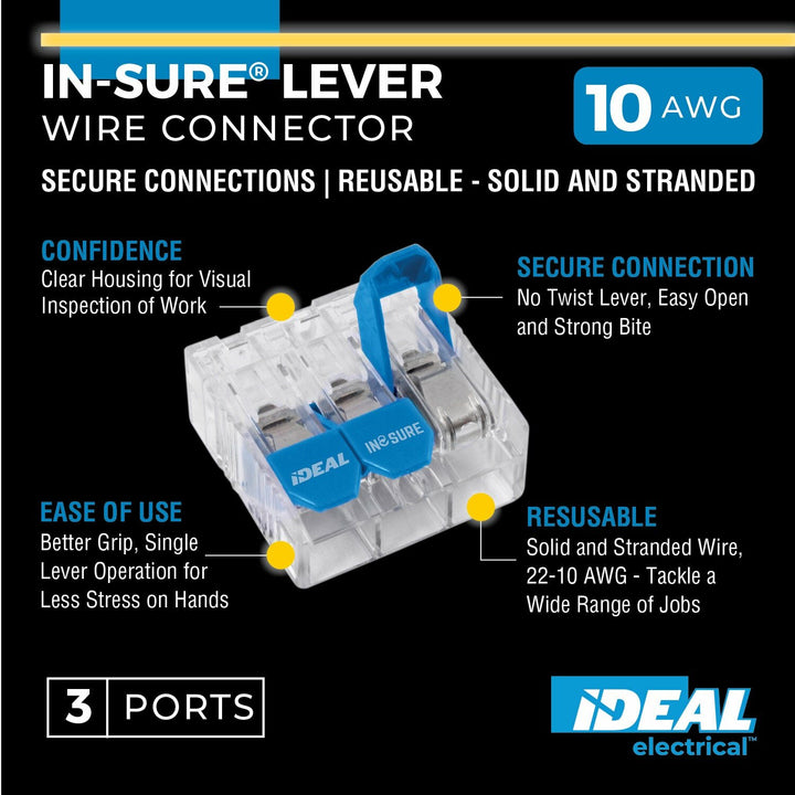 Ideal 30-10L33 In-Sure Lever Wire Connector, 10 AWG, 3-Port, 75 Box