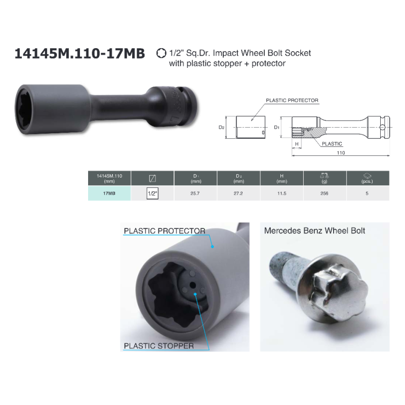 Ko-Ken 14145M.110-17MB 1/2 Sq. Dr. Mercedes Benz Wheel Bolt Socket 17 MM 110 MM Protector