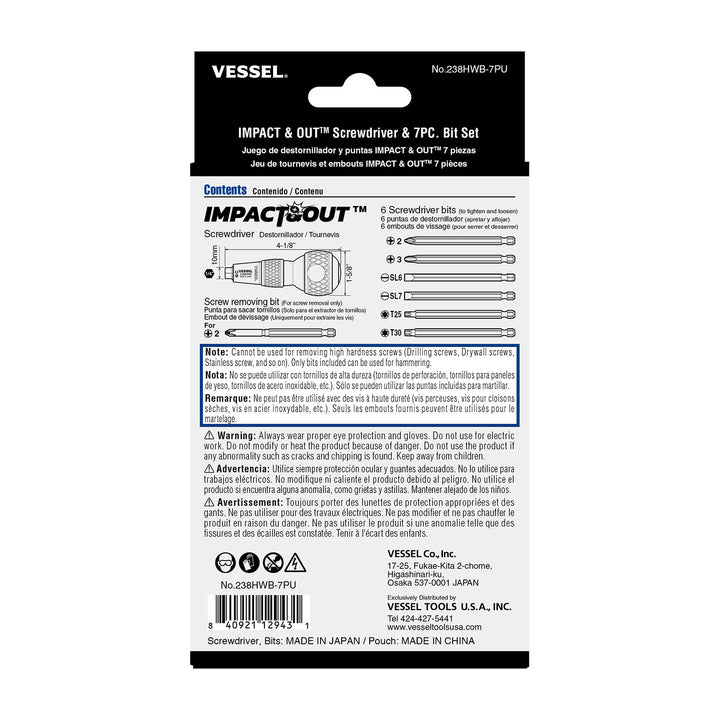 Vessel Tools 238HWB7PU Impact & Out Screwdriver with Assorted Bits, 9 Pc.