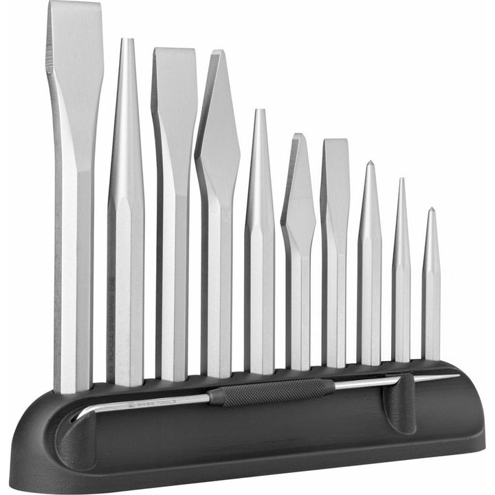 PB Swiss PB 860.H Flat and cross-cut chisel, center punch, drift punches, scriber, set with table stand