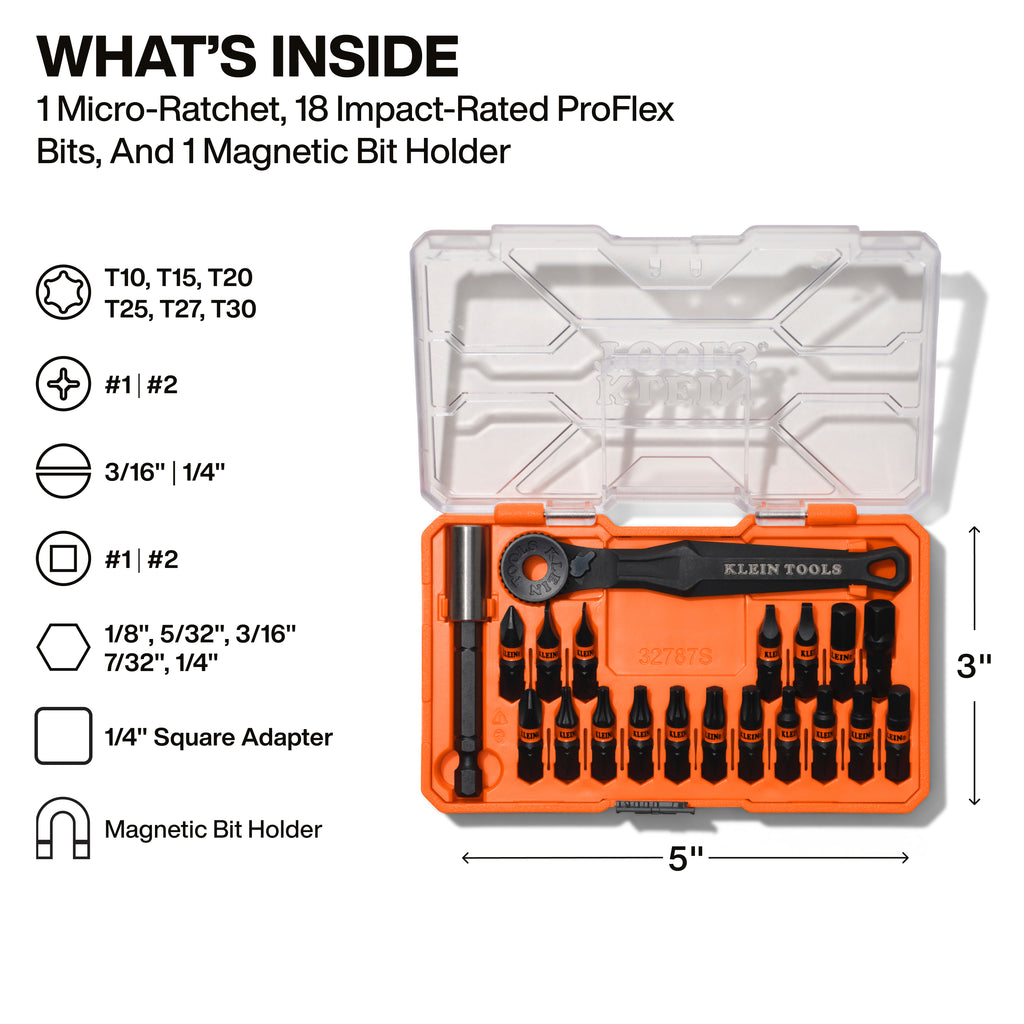 Klein Tools 32787S Proflex Micro Ratchet Impact Bit Set, 20 Pc