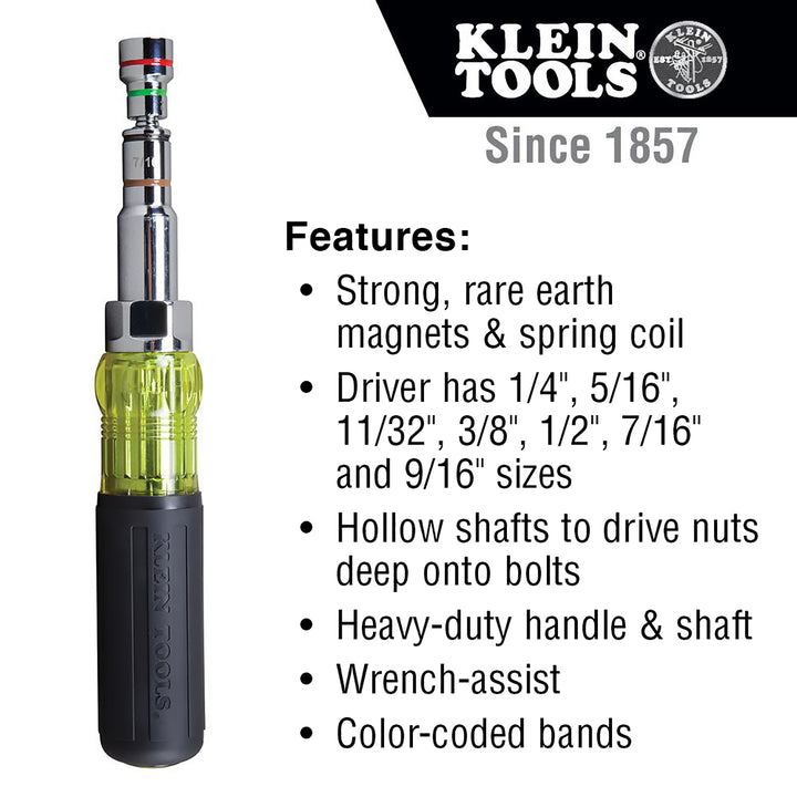 Klein Tools 32807MAG 7-in-1 Nut Driver with Magnetic Driver and Spring Coil Bits