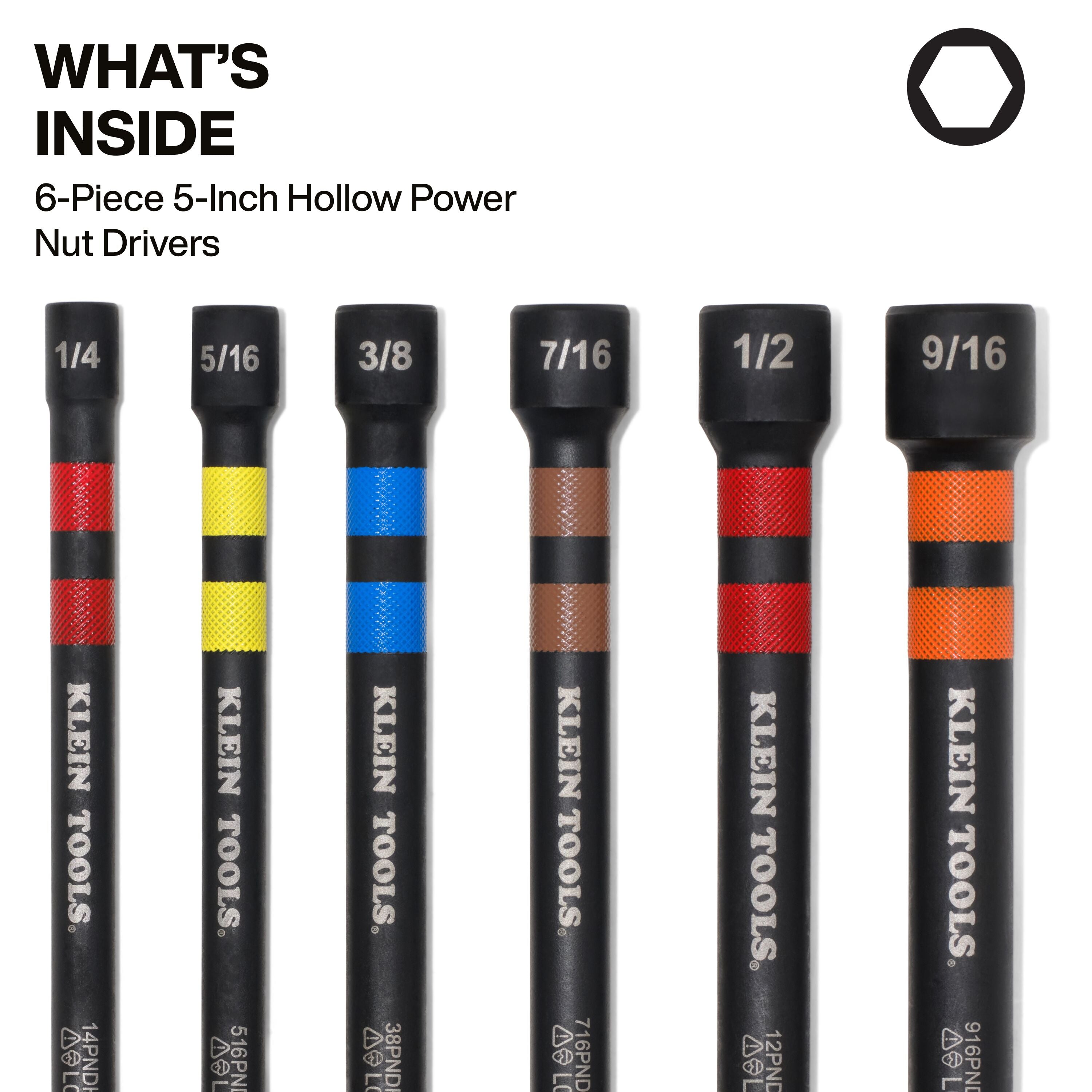 Klein Tools 32940 Magnetic Hollow Color-Coded Power Nut Drivers