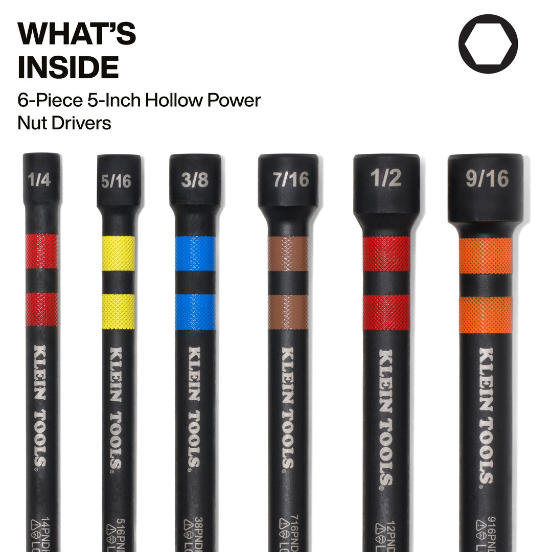 Klein Tools 32940 Magnetic Hollow Color-Coded Power Nut Drivers Set, 6 Pc.