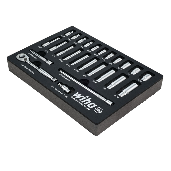 Wiha 33396 25 Piece 1/4” Drive Professional Standard and Deep Socket Tray Set - SAE