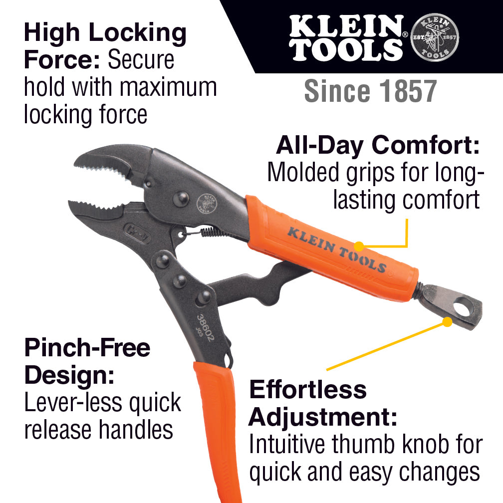 Klein Tools 38664 Locking Pliers Set, C-Clamp, Long Nose, Curved Jaw, 3 Pc.