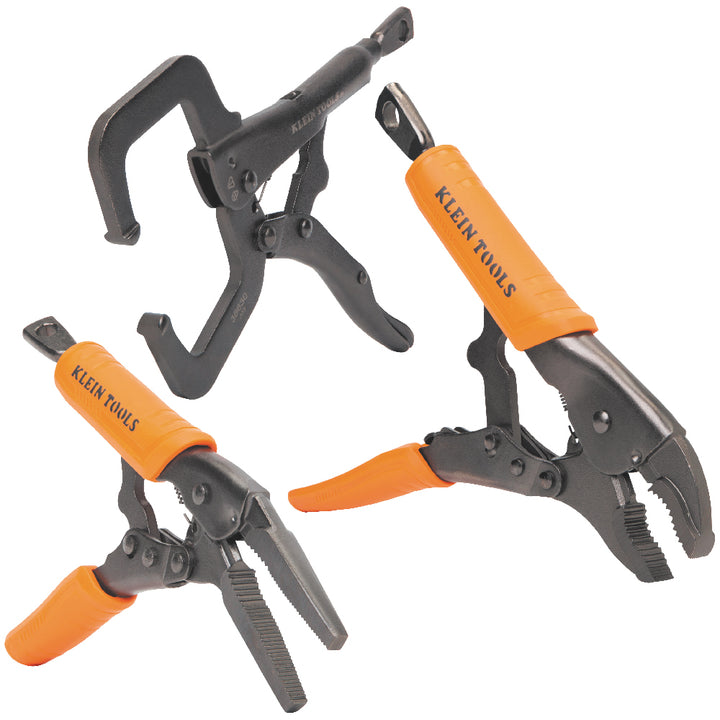 Klein Tools 38664 Locking Pliers Set, C-Clamp, Long Nose, Curved Jaw, 3 Pc.