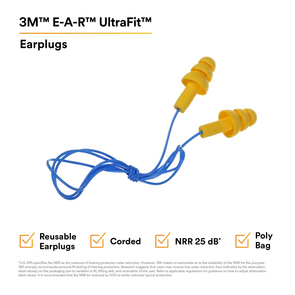 3M E-A-R UltraFit Earplugs 340-4004, Corded, Poly Bag, 100 Pairs
