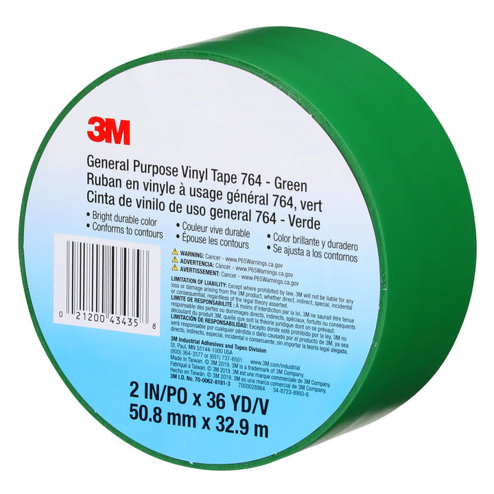 3M General Purpose Vinyl Tape 764, Green, 2 in x 36 yd, 5 mil, 24 Roll/Case