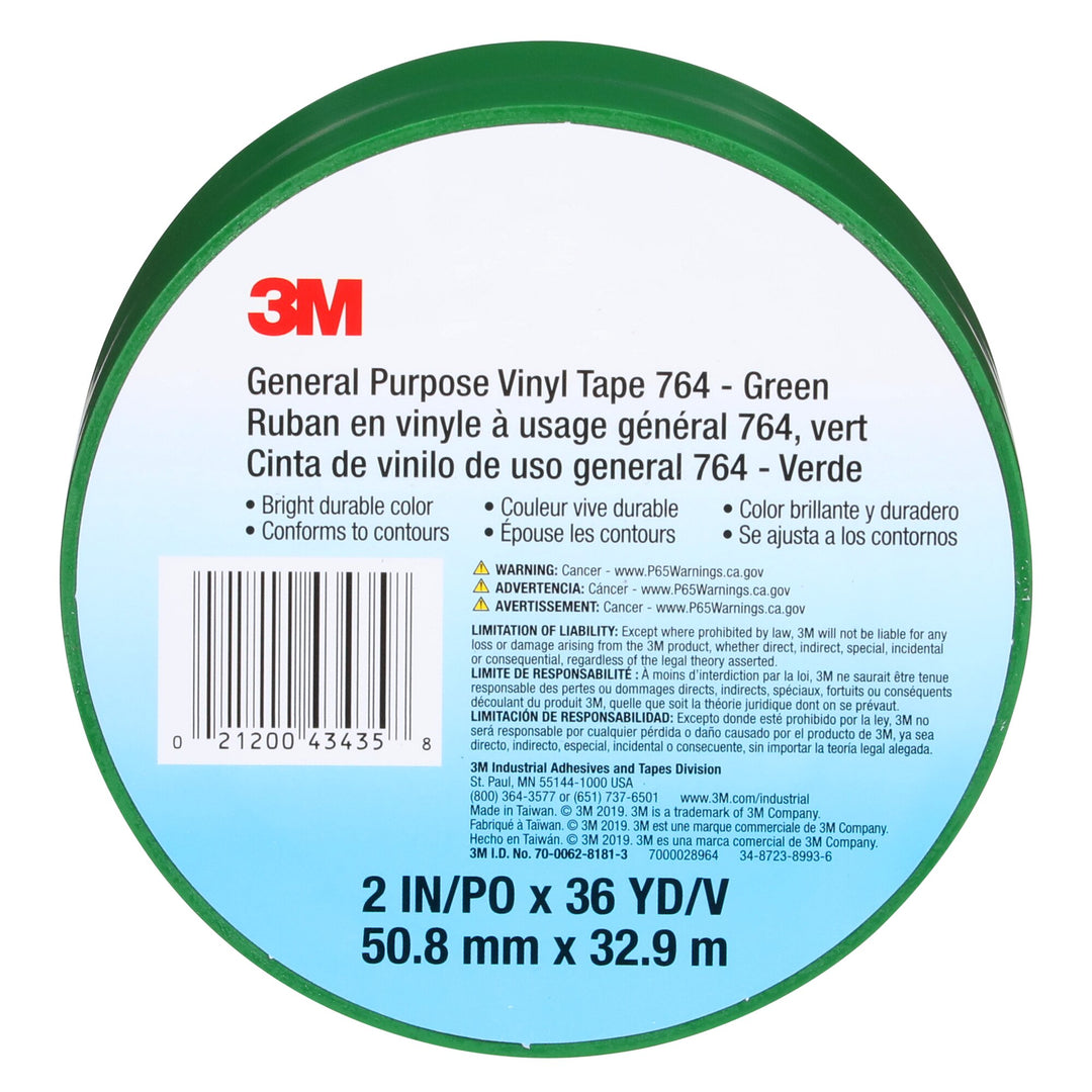 3M General Purpose Vinyl Tape 764, Green, 2 in x 36 yd, 5 mil, 24 Roll/Case