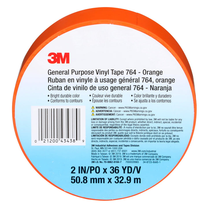 3M General Purpose Vinyl Tape 764, Orange, 2 in x 36 yd, 5 mil, 24 Roll/Case
