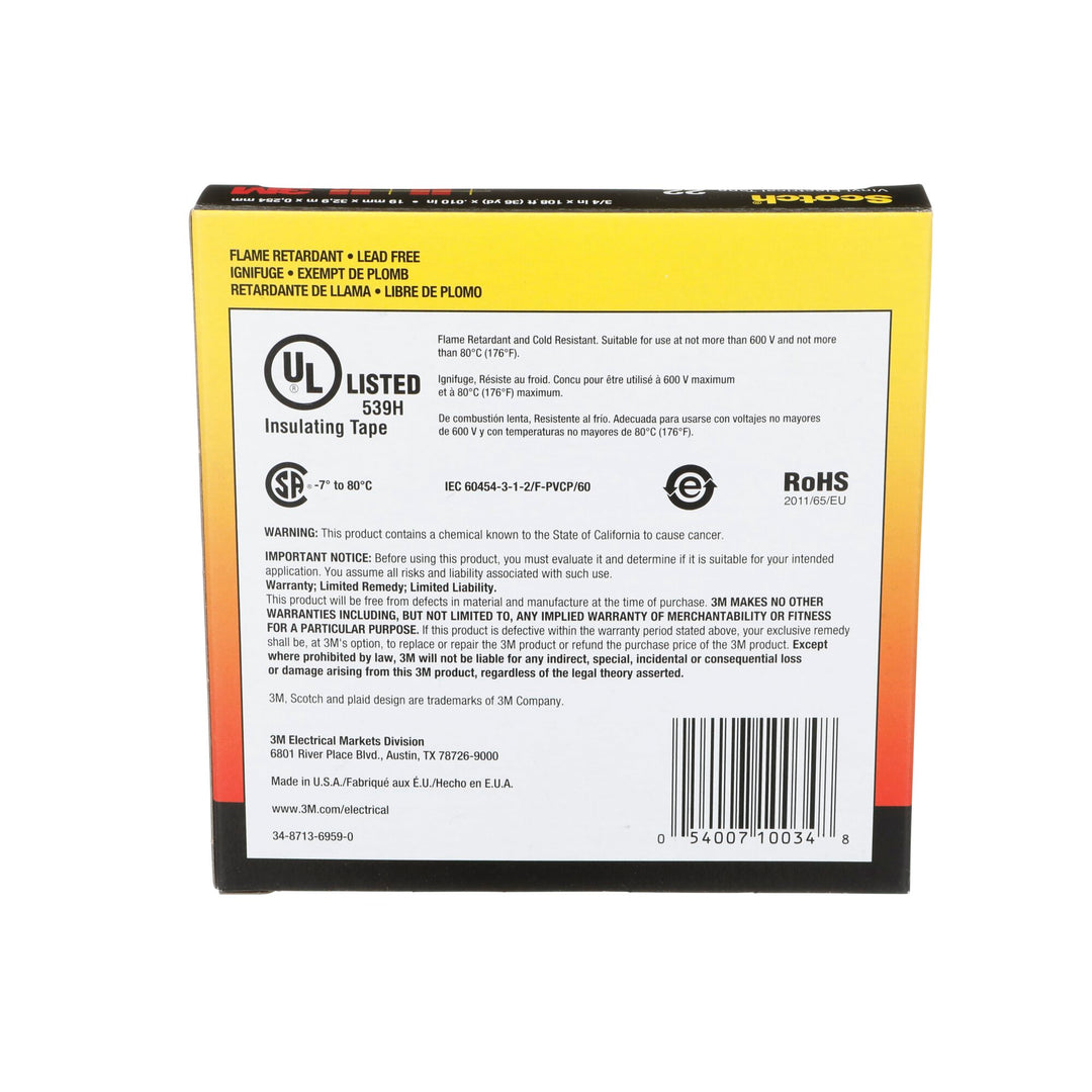 Scotch® Vinyl Electrical Tape 22, 3/4 in x 36 yd, Black, 12
rolls/carton