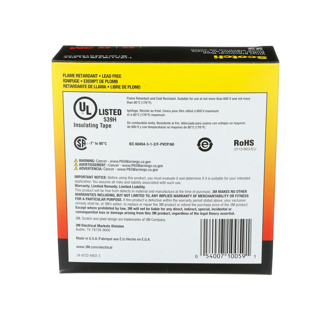 Scotch® Vinyl Electrical Tape 22, 1-1/2 in x 36 yd, Black, 1
roll/carton
