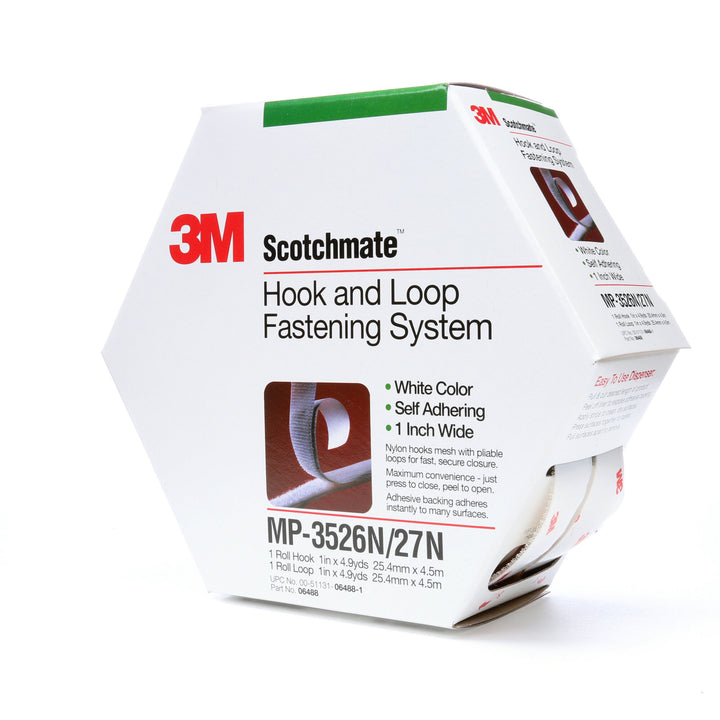 3M Hook and Loop Fastener MP3526N/MP3527N, White, 1 in x 5 yd, 5 percase