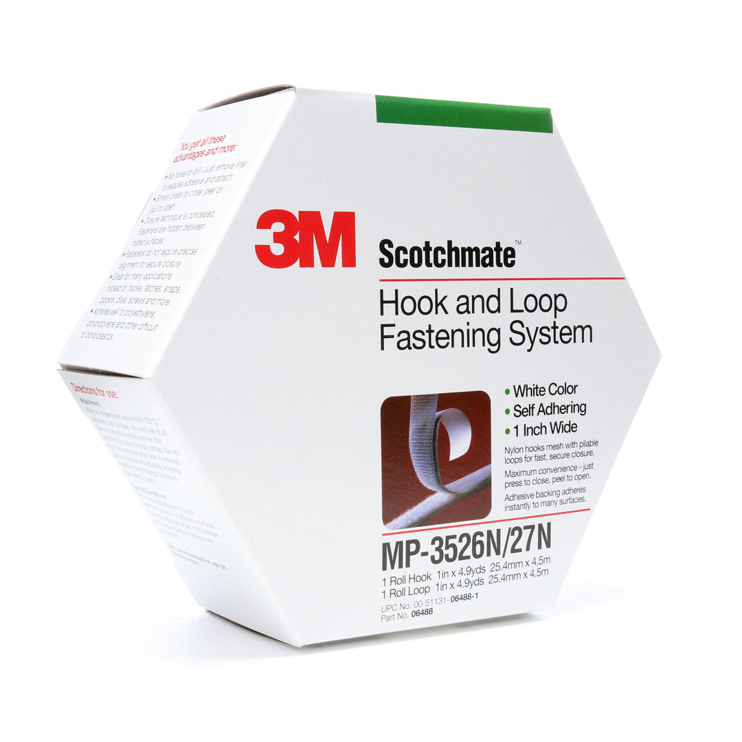 3M Hook and Loop Fastener MP3526N/MP3527N, White, 1 in x 5 yd, 5 percase