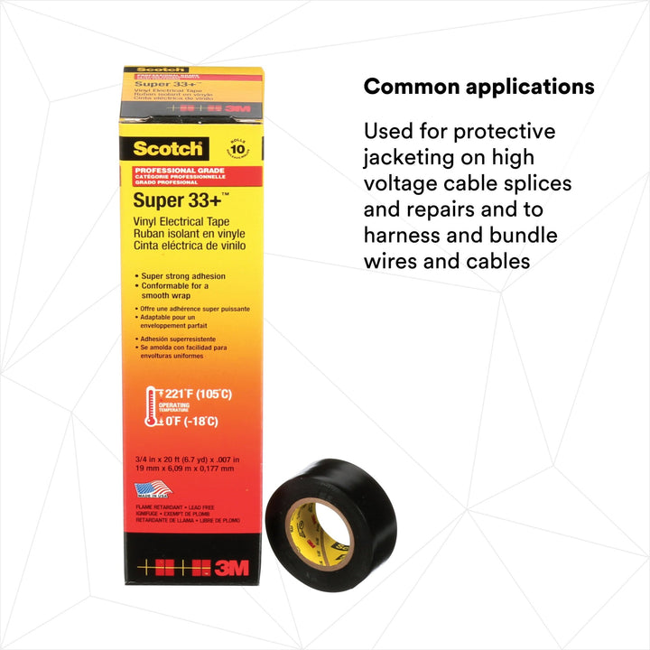 Scotch® Super 33+ Vinyl Electrical Tape, 3/4 in x 20 ft, Black, 10
rolls/carton