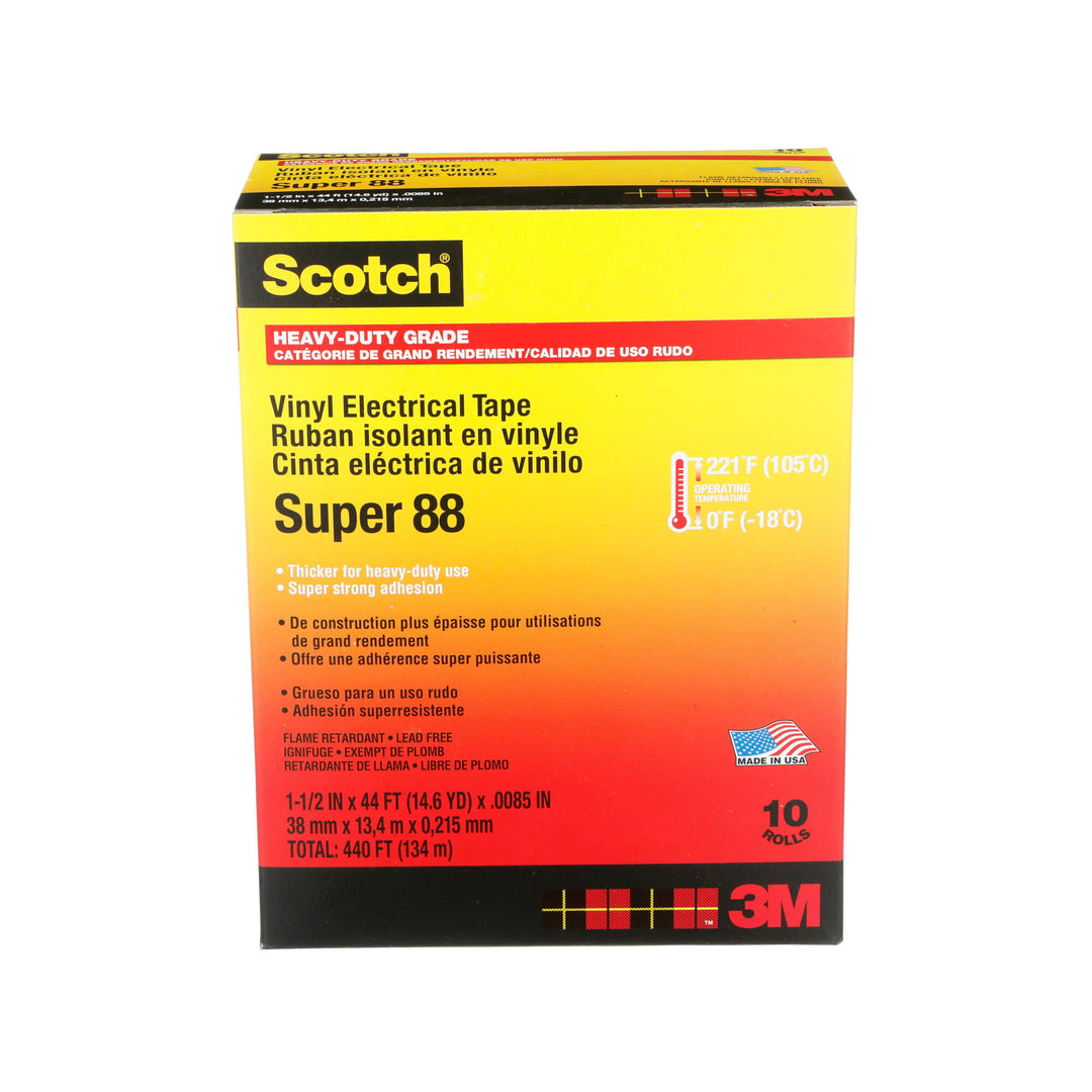 Scotch® Vinyl Electrical Tape Super 88, 1-1/2 in x 44 ft, Black, 10rolls/carton