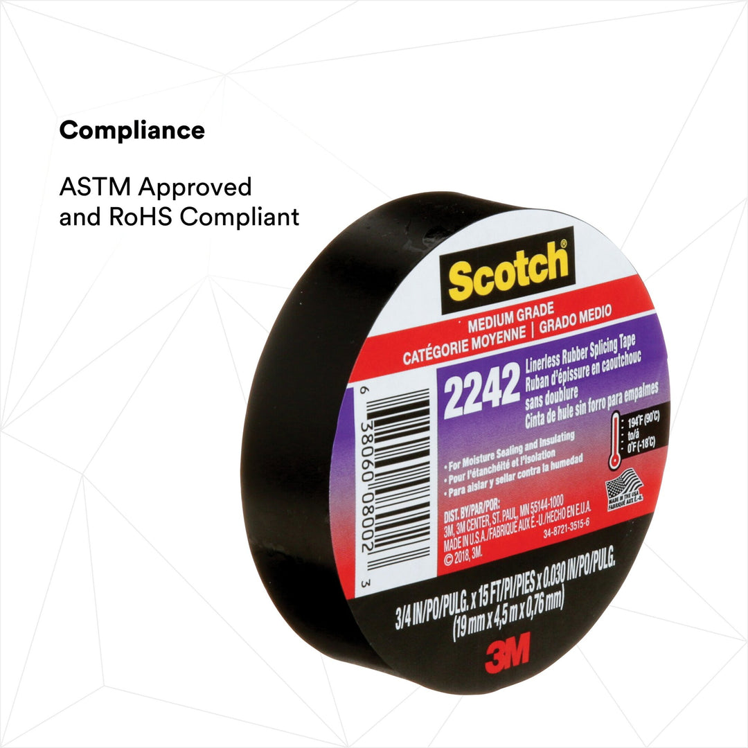 3M Linerless Electrical Rubber Tape 2242, 3/4 in x 15 ft, 1 in core,
Black