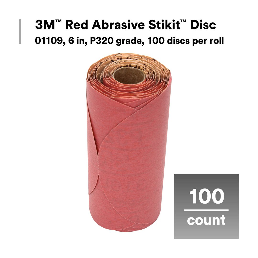 3M Red Abrasive Stikit Disc, 01109, 6 in, P320 grade, 100 discs per
roll