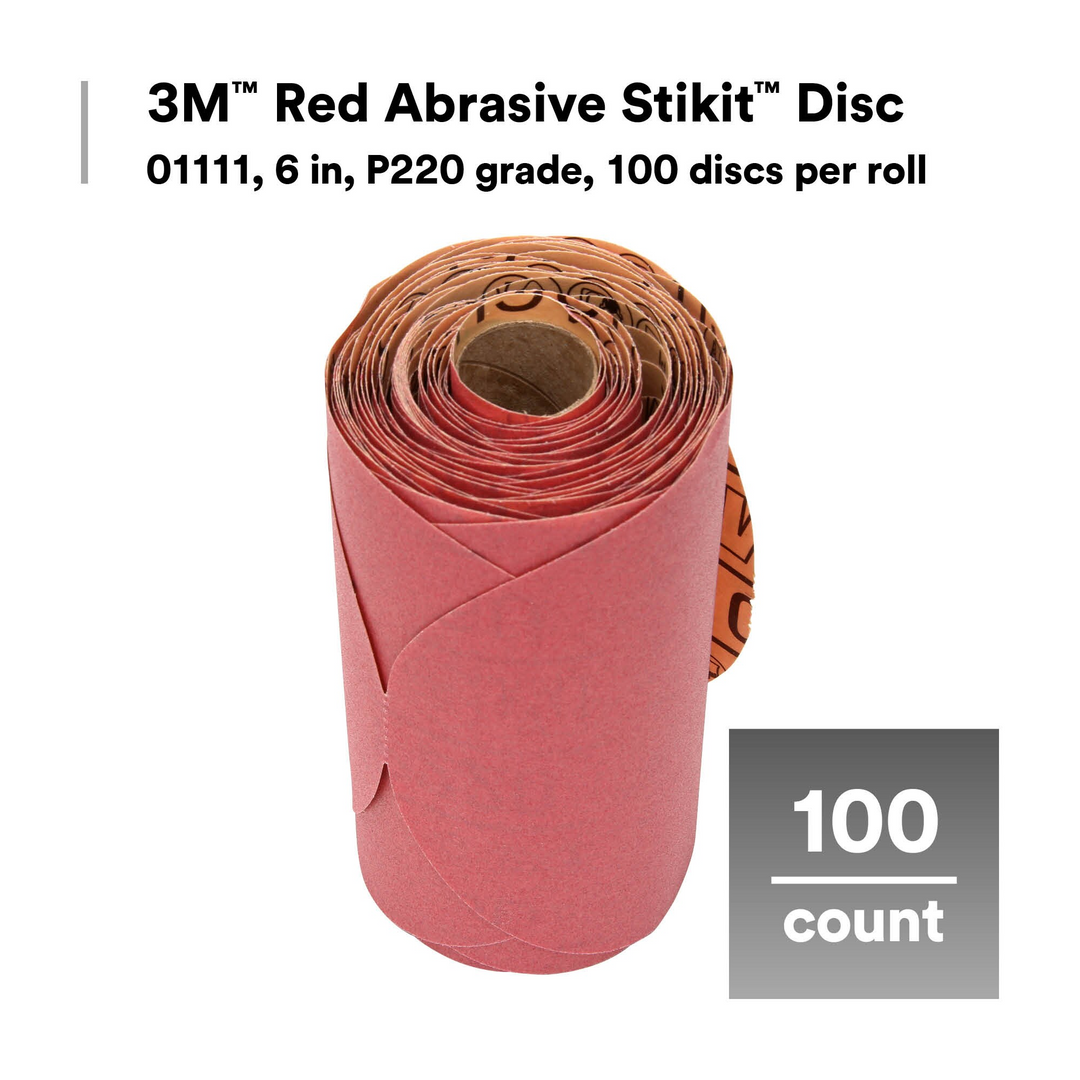 3M Red Abrasive Stikit Disc, 01111, 6 in, P220 grade, 100 discs per
roll
