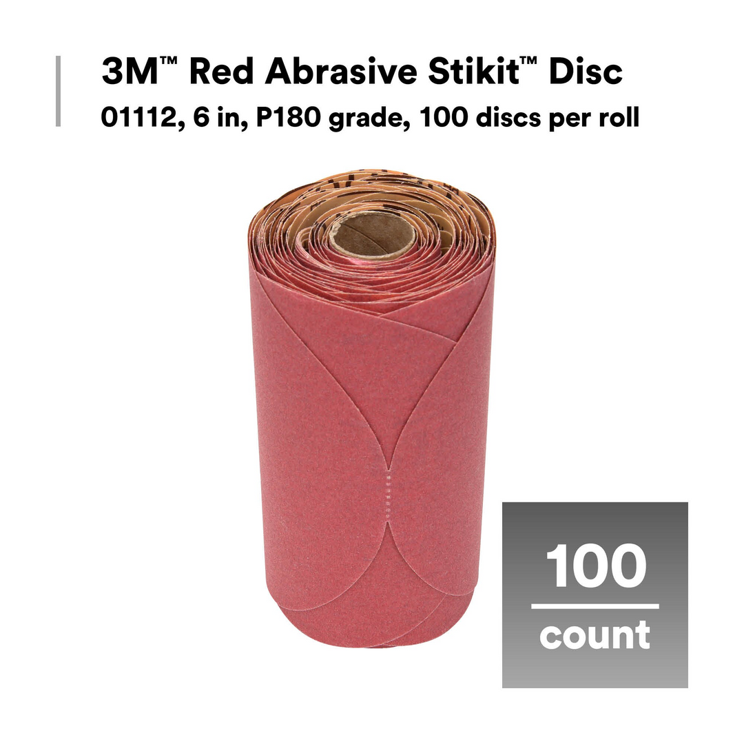 3M Red Abrasive Stikit Disc, 01112, 6 in, P180 grade, 100 discs per
roll