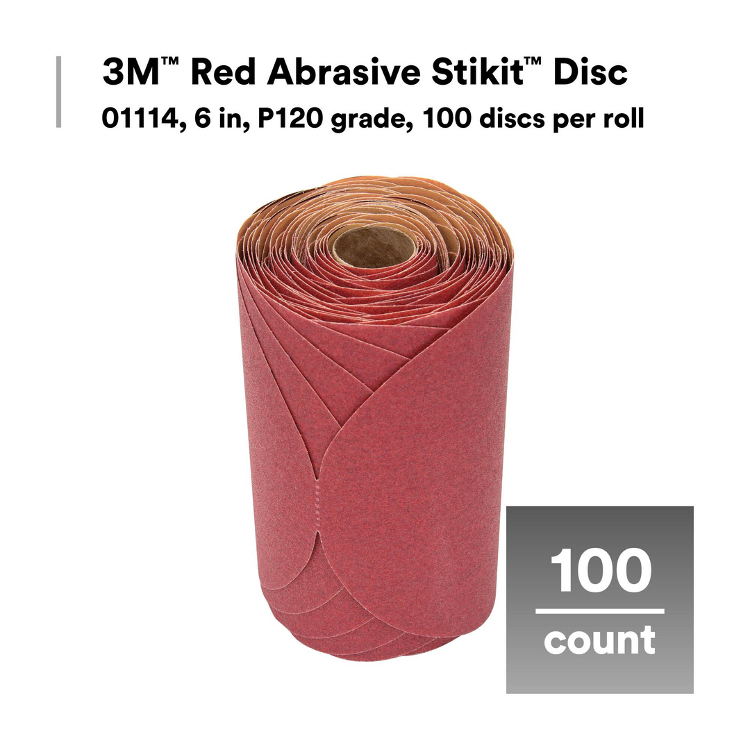 3M Red Abrasive Stikit Disc, 01114, 6 in, P120 grade, 100 discs per
roll