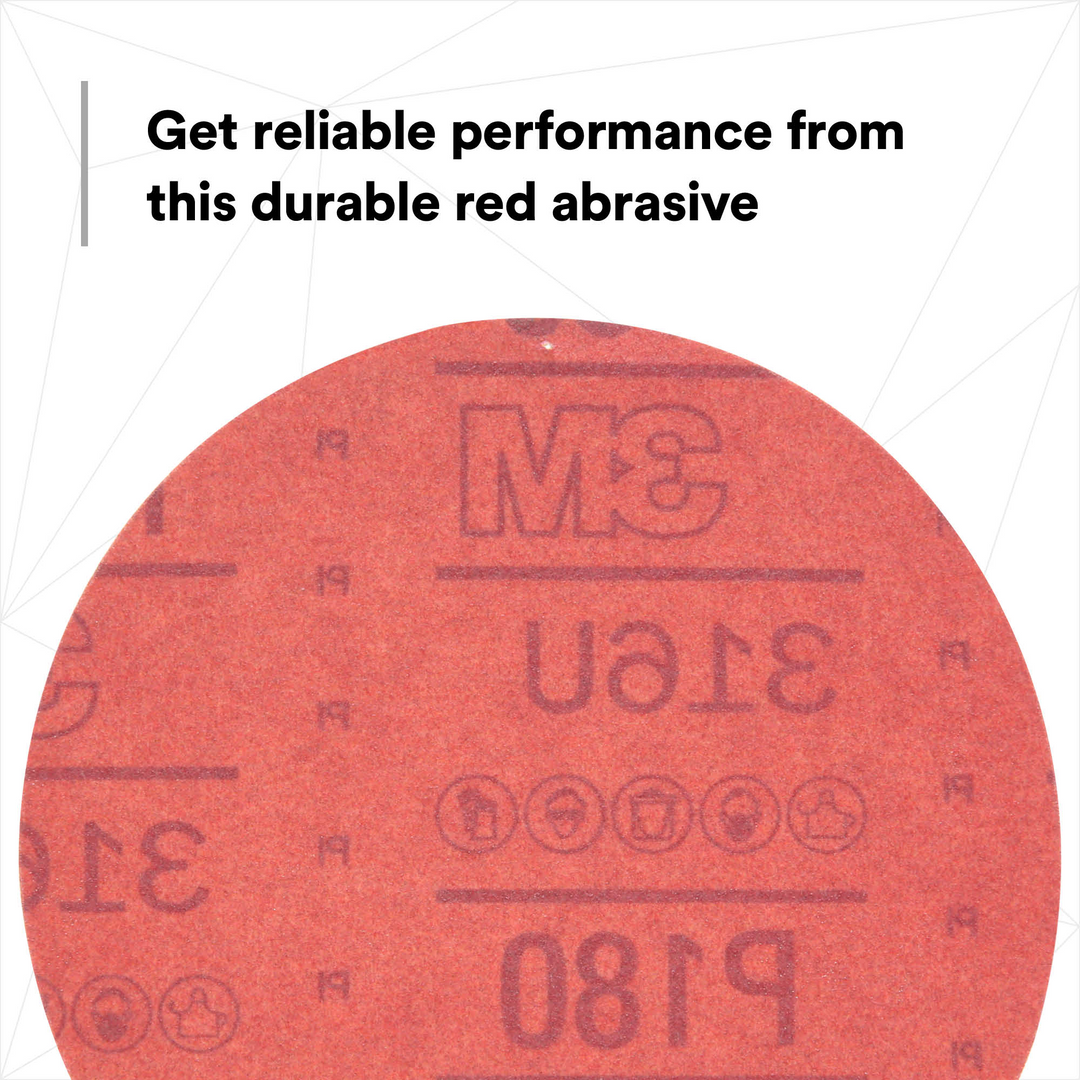 3M Hookit Red Abrasive Disc, 01222, 6 in, P180, 50 discs per carton