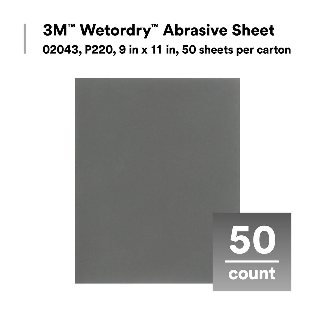 3M Wetordry Abrasive Sheet, 02043, P220, 9 in x 11 in, 50 sheets per
carton
