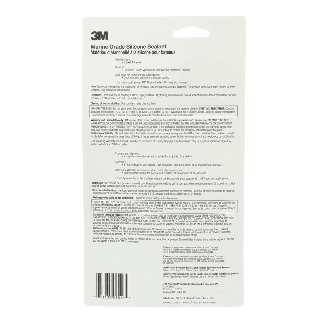 3M Marine Grade Silicone Sealant, Clear, PN08019, 3 oz Tube