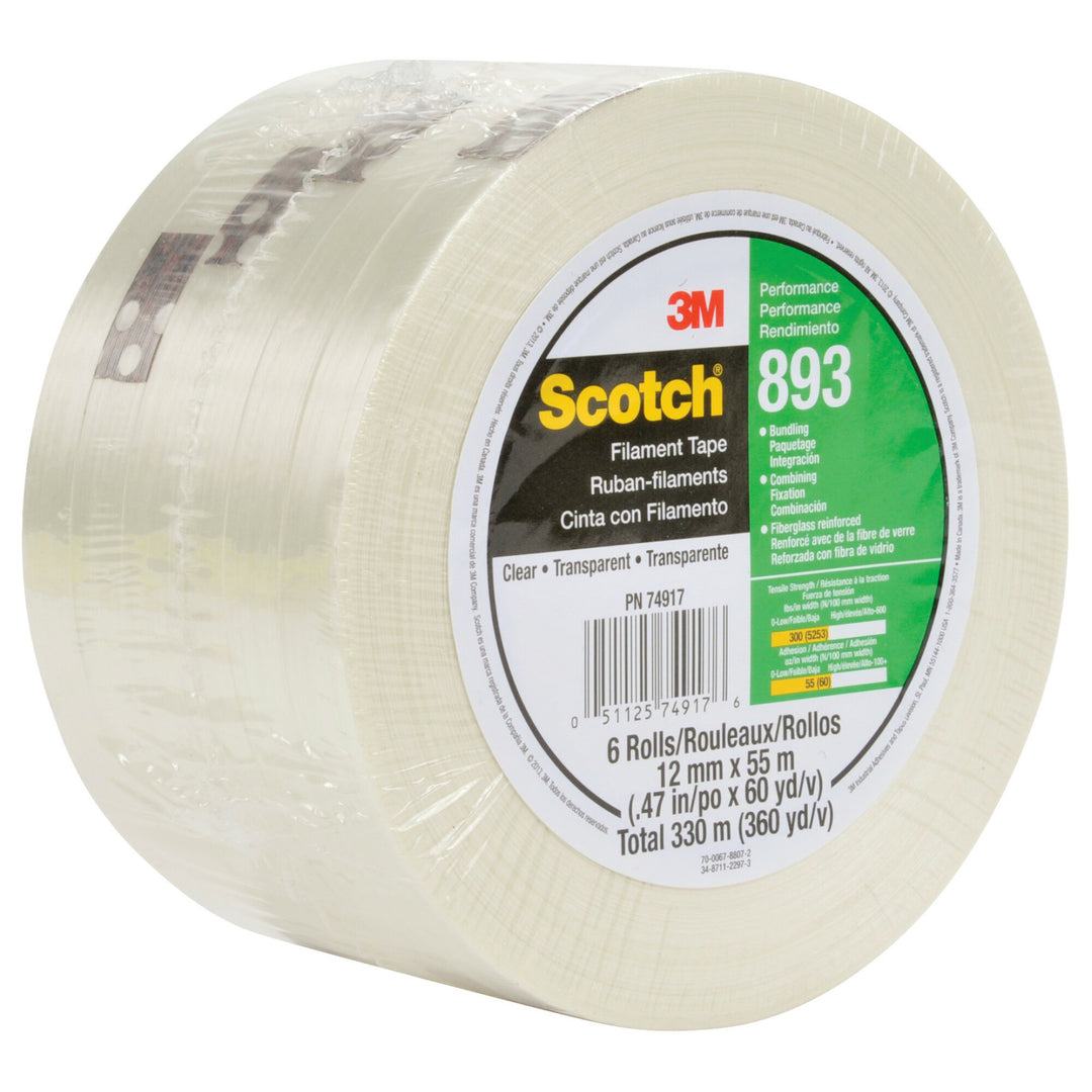 Scotch® Filament Tape 893, Clear, 18 mm x 55 m, 6 mil
