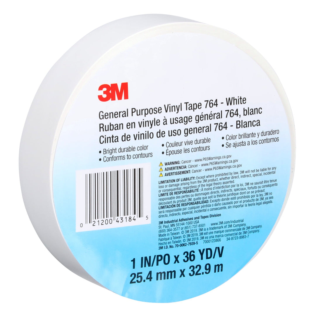 3M General Purpose Vinyl Tape 764, White, 1 in x 36 yd, 5 mil, 36 Roll/Case
