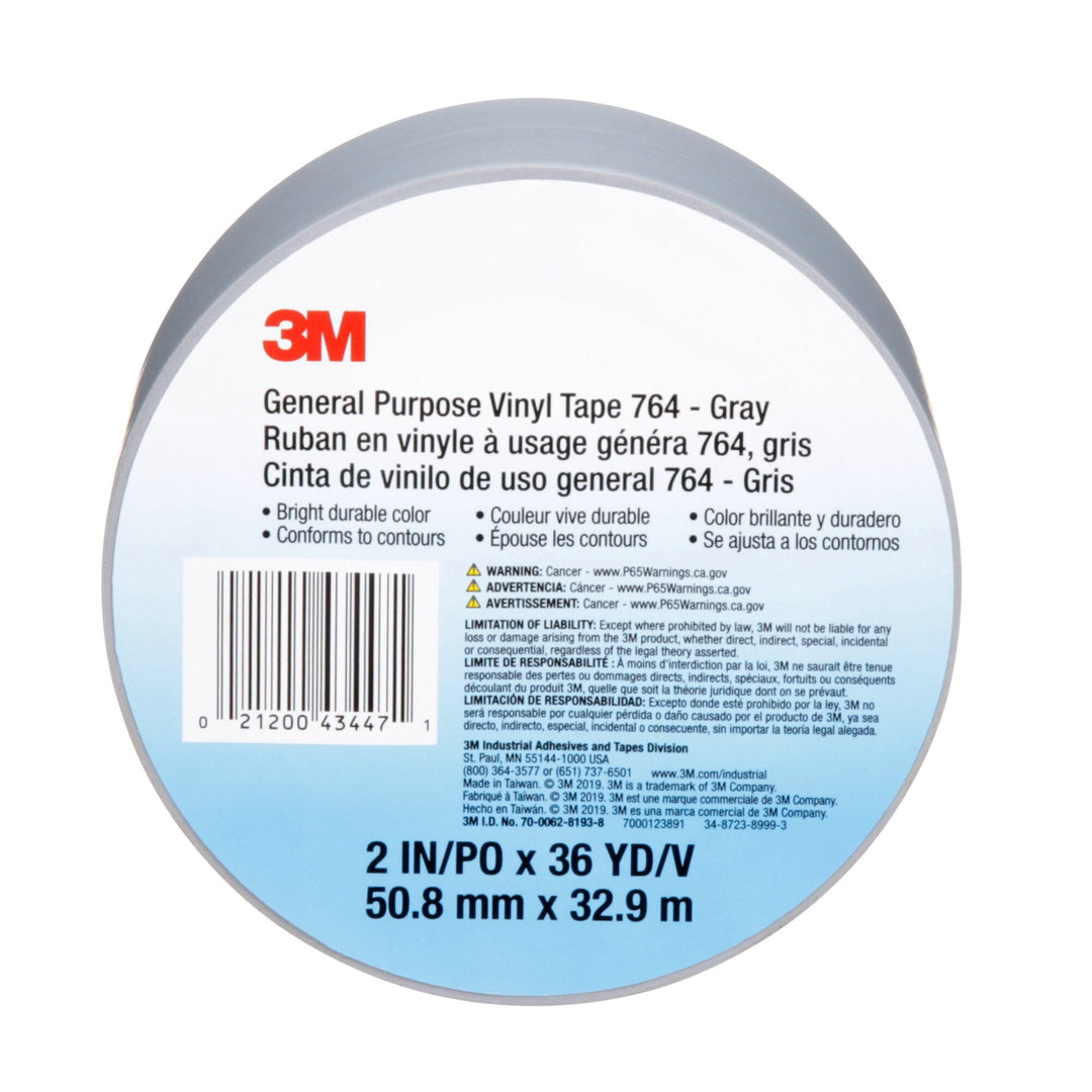 3M General Purpose Vinyl Tape 764, Gray, 2 in x 36 yd, 5 mil, 24 Roll/Case