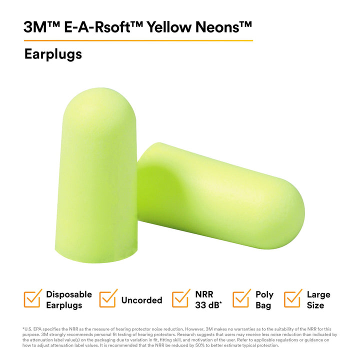 3M E-A-Rsoft Yellow Neons Earplugs 312-1251, Uncorded, Poly Bag,Large Size