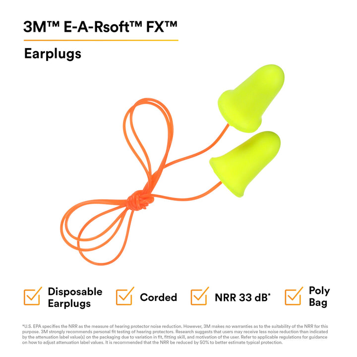 3M E-A-Rsoft FX Earplugs 312-1260, Corded, Poly Bag