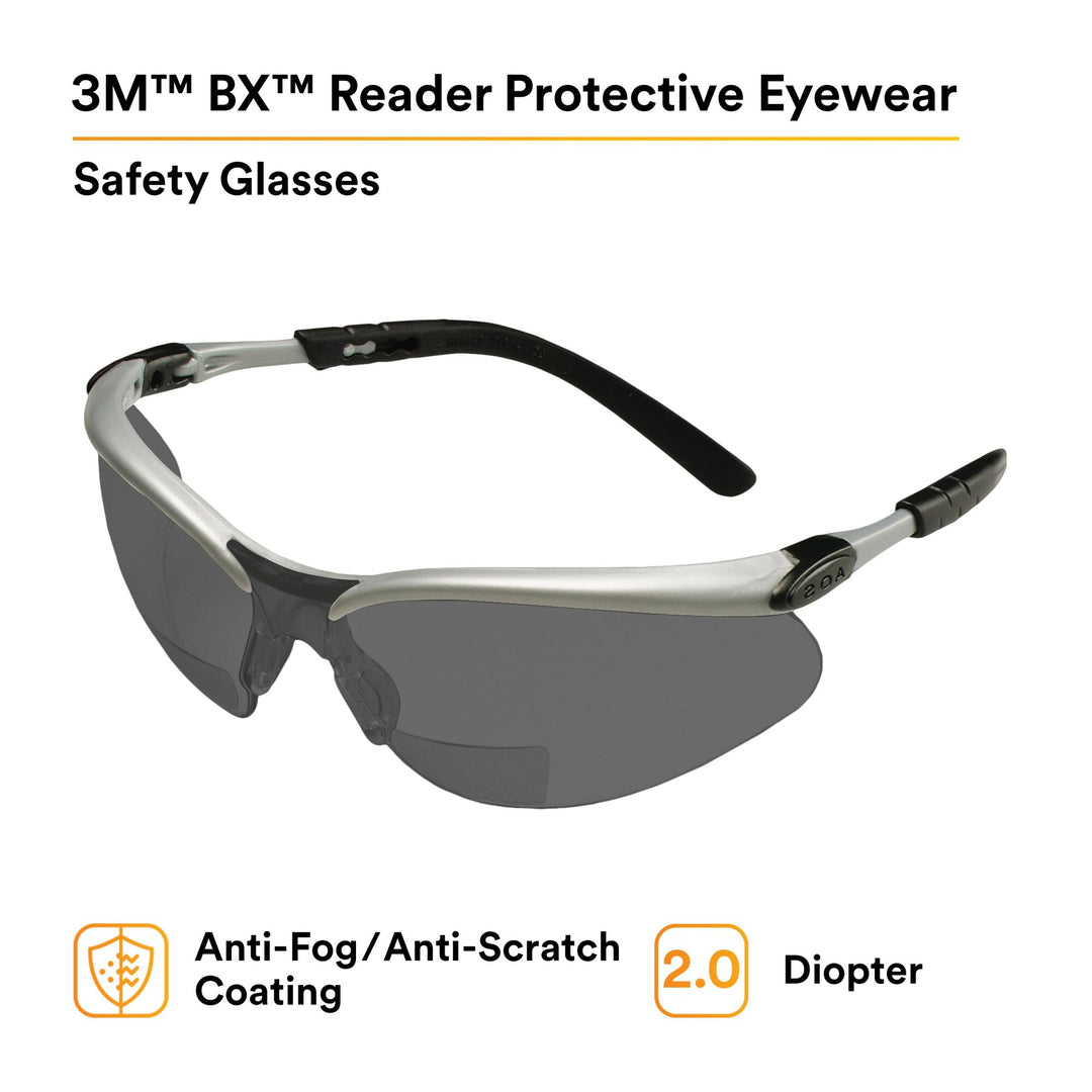 3M BX Reader Protective Eyewear 11378-00000-20, Grey Lens, SilverFrame