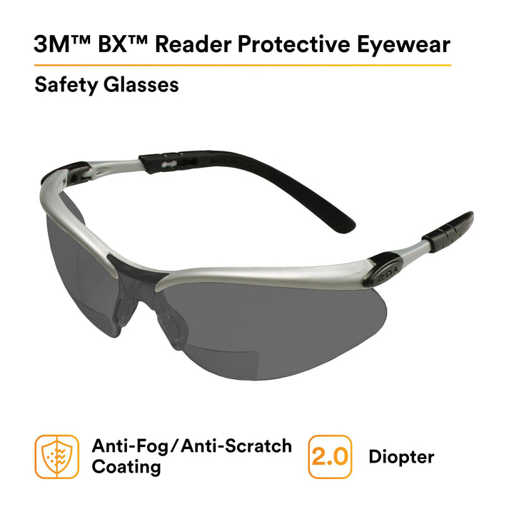 3M BX Reader Protective Eyewear 11378-00000-20, Grey Lens, SilverFrame