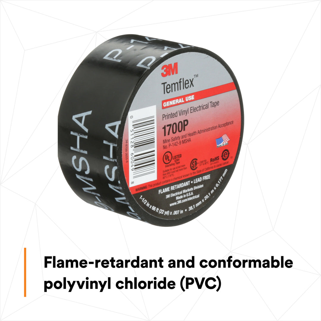 3M Temflex Mining-Grade Vinyl Electrical Tape 1700P, 1-1/2 in x 66 ft,
Printed