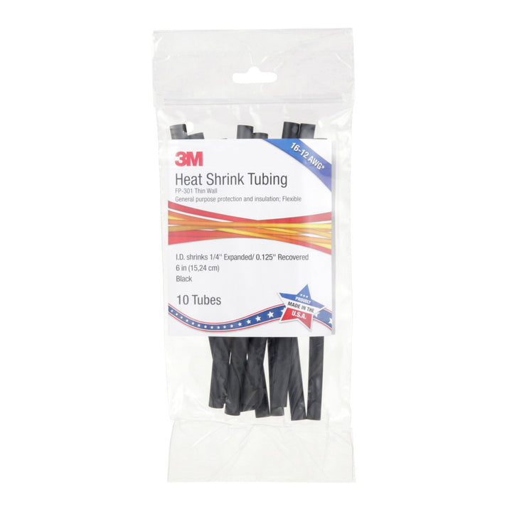 3M Heat Shrink Thin-Wall Tubing FP-301-1/4-6"-Black-10-10 Pc Pks