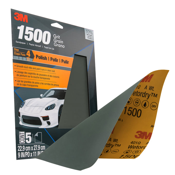 3M Wetordry Sandpaper, 32023, 1500 Grit, 9 in x 11 in, 5 per pack