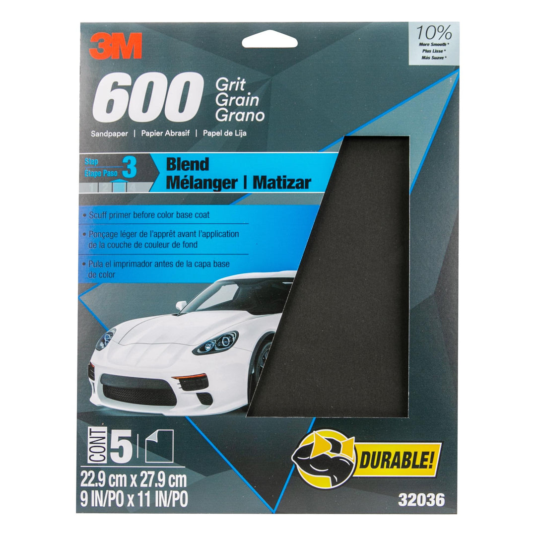 3M Wetordry Sandpaper, 32036, 600 Grit, 9 in x 11 in, 5 per pack