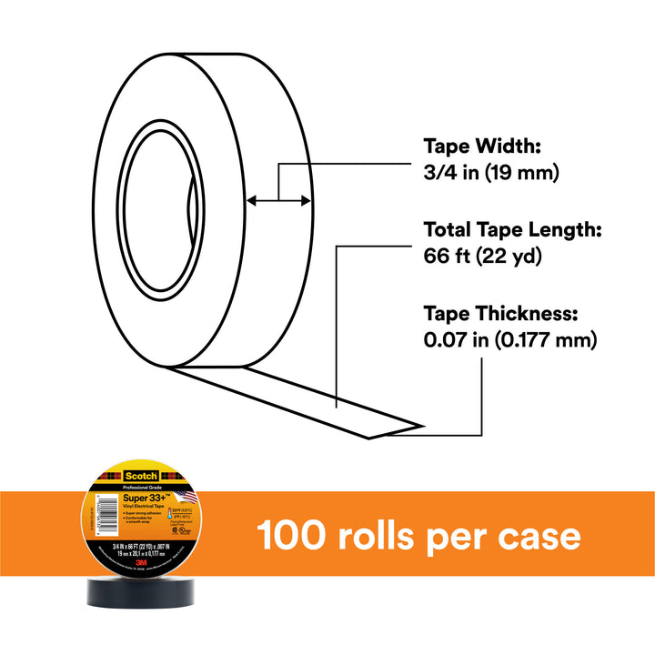 Scotch® Super 33+ Vinyl Electrical Tape, 3/4 in x 66 ft, 1-1/2 in Core,
Black