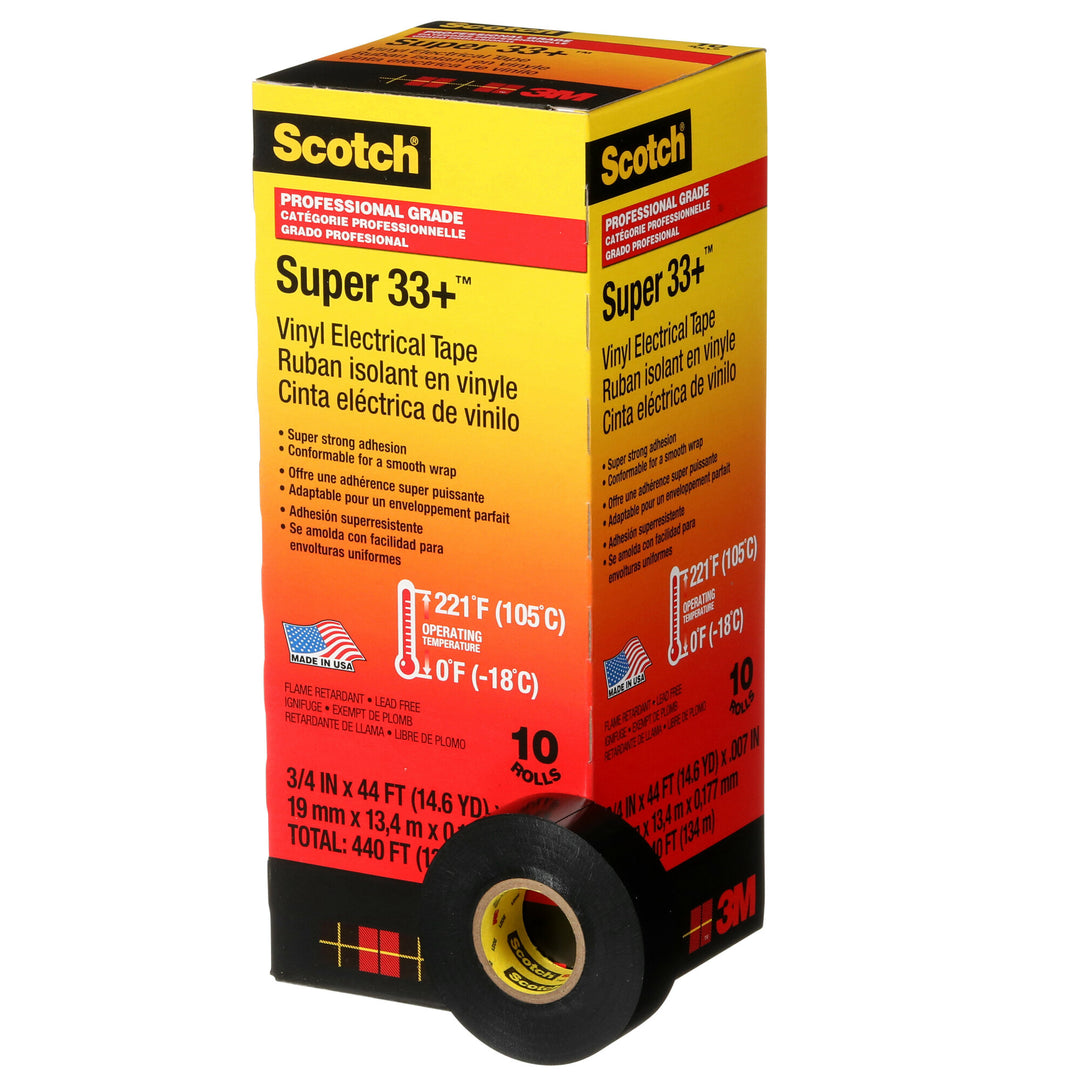 Scotch® Super 33+ Vinyl Electrical Tape, 3/4 in x 44 ft, Black, 10
rolls/carton